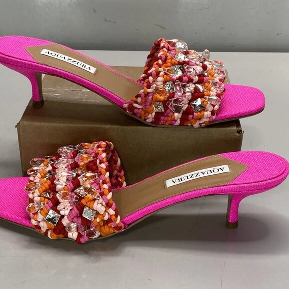 NEW AQUAZZURA Women’s Crystal Cote Mule Sandals  Bright Pink Size 10.5 Crocheted - Picture 8 of 8